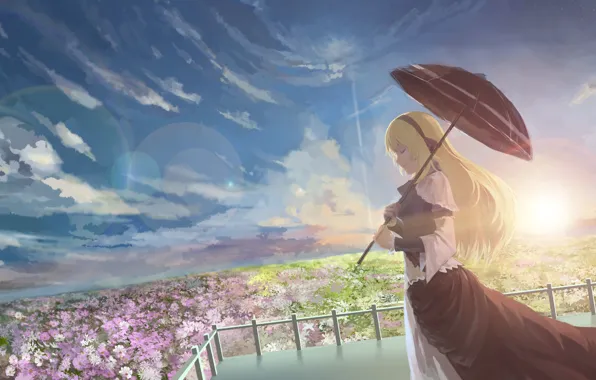 Picture summer, the sky, girl, the sun, flowers, umbrella, art, Azoth