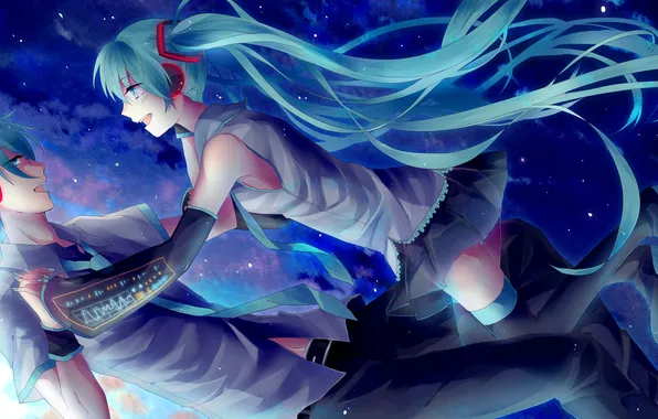 Picture the sky, girl, stars, clouds, art, guy, two, Hatsune Miku