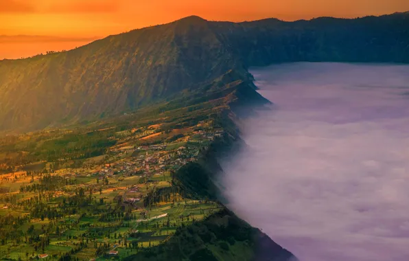 Picture fog, home, village, Indonesia, glow, mount Bromo, the island of Java, Cemoro Lawang