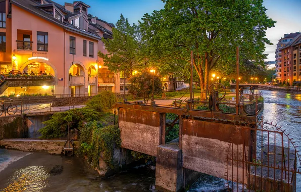 Picture France, Home, River, Annecy, Street lights