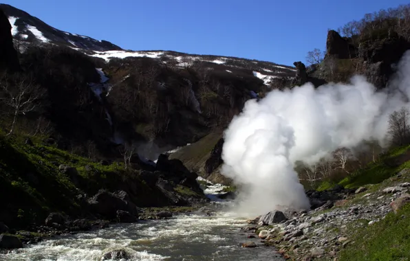 Mountains, river, stones, photo, couples, Kamchatka, geyser