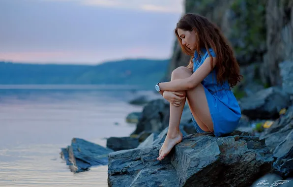 Picture lake, stones, rocks, barefoot, dress, girl, legs, long hair