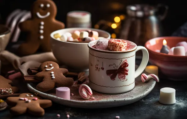 The dark background, men, cookies, plate, Christmas, candy, mug, Cup