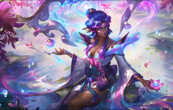 Flowers, magic, branch, haze, game, character, beautiful girl, character
