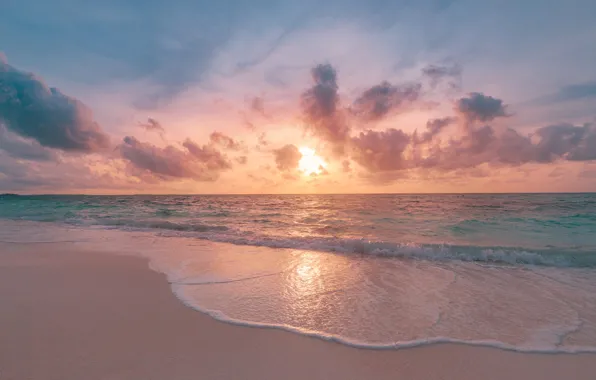 Picture sand, sea, wave, beach, summer, the sky, the sun, clouds