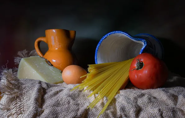 Pitcher, still life, tomato, spaghetti, pmidor