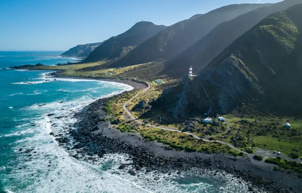 Coast, The ocean, Road, Lighthouse, Mountain, New Zealand, New Zealand, Landscape