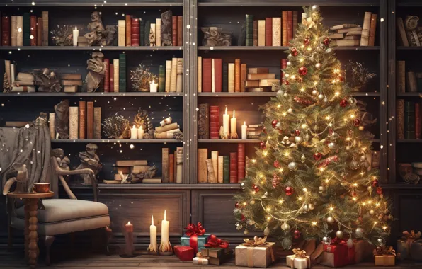 Picture decoration, balls, books, tree, New Year, Christmas, gifts, library