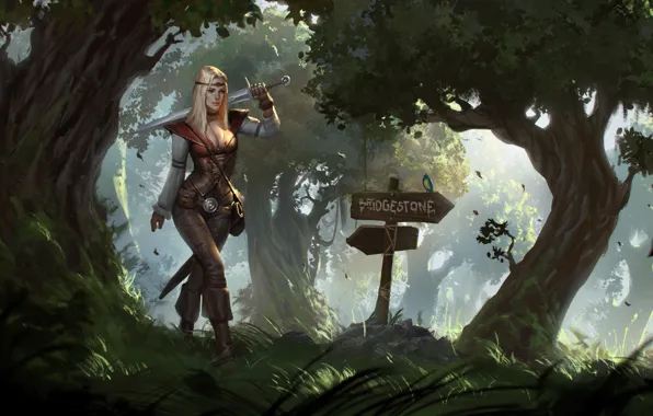 Picture forest, girl, trees, weapons, arrows, sword, art, pointers