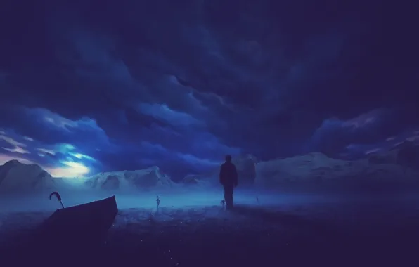 Night, people, umbrella, art