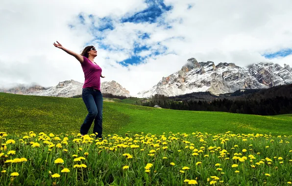 Field, girl, mountains