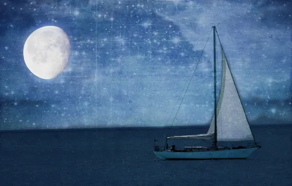 Picture night, the moon, boat