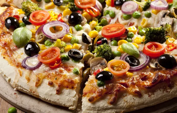 Picture mushrooms, pepper, pizza, tomatoes, olives, sausage, filling, broccoli