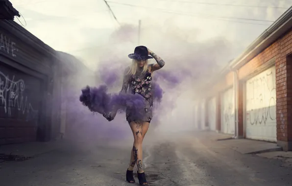 Picture girl, smoke, tattoo, Purple Stuff