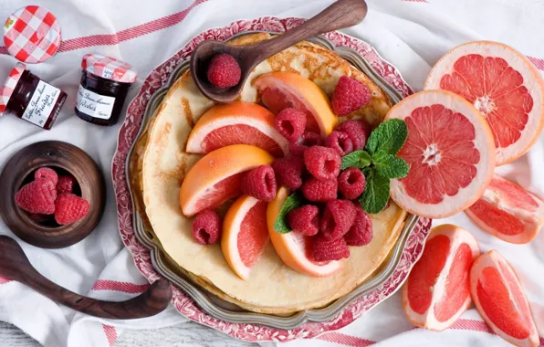 Picture raspberry, Breakfast, pancakes, grapefruit, jam, carnival