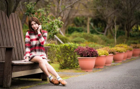 Picture look, girl, Park, hair, legs, Asian, cutie, bench
