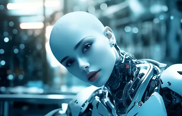 Bald, look, girl, face, fiction, mechanism, robot, cyborg