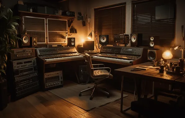 Light, retro, music, table, room, Windows, lamp, chair