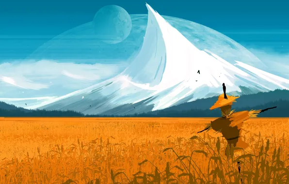 Sky, field, mountain, birds, planet, artist, digital art, artwork