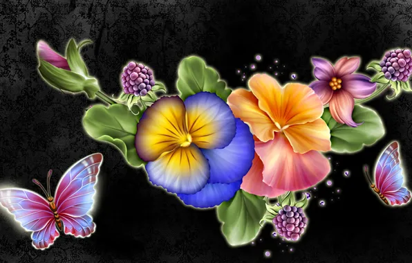 Picture flowers, nature, background, collage, butterfly, petals