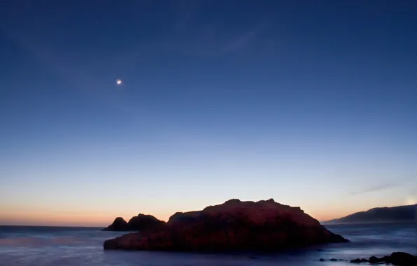 Sea, sunset, rock, The moon