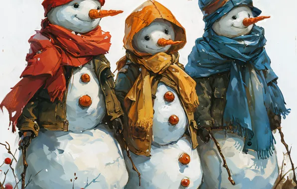 Winter, snow, Christmas, New year, snowmen, snowman, AI art, neural network