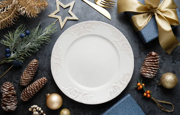 Balls, box, star, plate, Christmas, knife, New year, plug