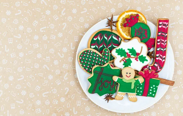 Gift, patterns, bright, cookies, plate, green, Christmas, man