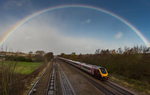 The sky, train, rainbow, railroad