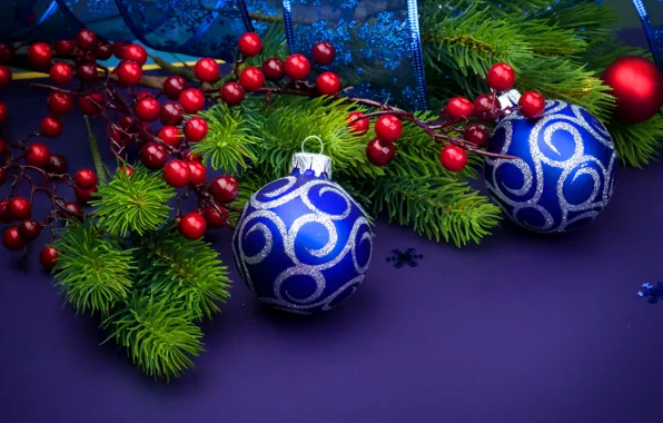 Tape, Balls, Christmas, New year, Decoration, Holiday, Fir-tree branches, branches of berries