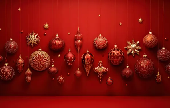Decoration, red, background, balls, New Year, Christmas, red, golden