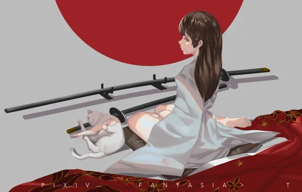 Picture cat, girl, katana, art, kimono, sitting, pixiv fantasia, baka