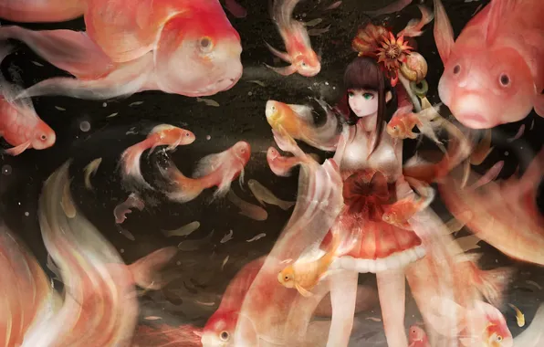 Girl, fish, flowers, anime, art, zhang xiao bo