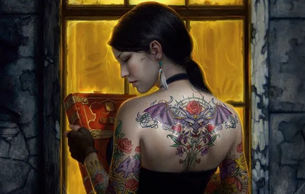 Decoration, earrings, brunette, tattoo, window, book, decosta