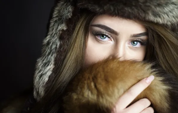 Look, girl, background, hat, portrait, makeup, fur, brown hair