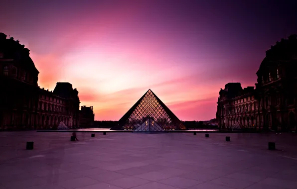 Picture sunset, people, France, Paris, The city, The Louvre, day, pyramid