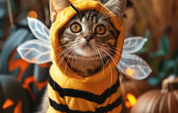 Cat, pose, kitty, bee, outfit, pumpkin, Halloween, face