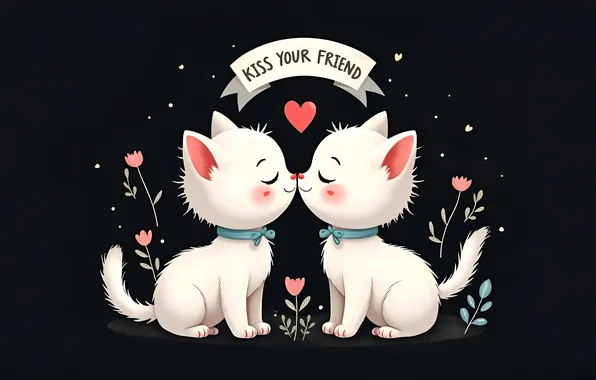 Love, cats, flowers, the inscription, kiss, kittens, white, black background