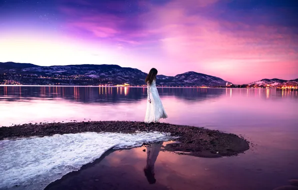 Picture girl, stars, lake, dress, Lichon