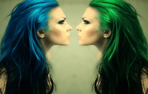 Picture girl, face, hair, green, profile, blue, to face