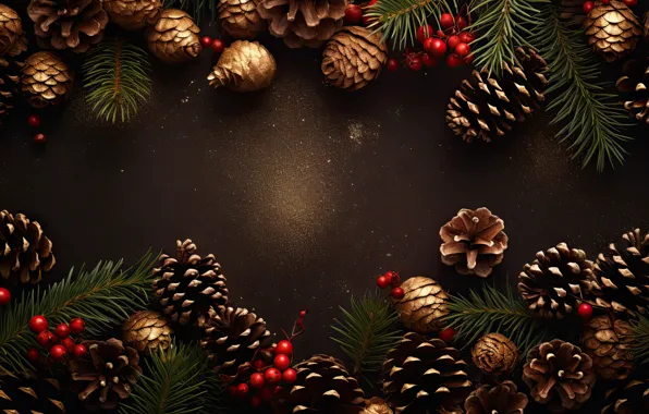 Branches, berries, the dark background, sequins, fruit, Christmas, New year, needles
