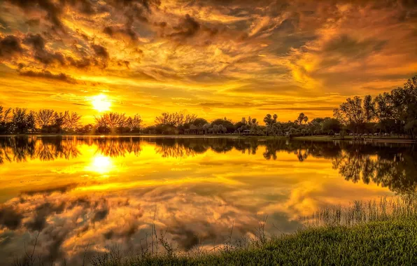 The sky, sunset, lake, reflection