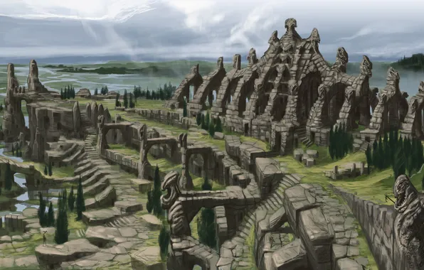 Landscape, rocks, building, home, arch, river, The Elder Scrolls V: Skyrim