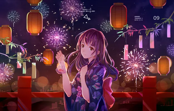 Girl, night, bridge, salute, fireworks, lanterns