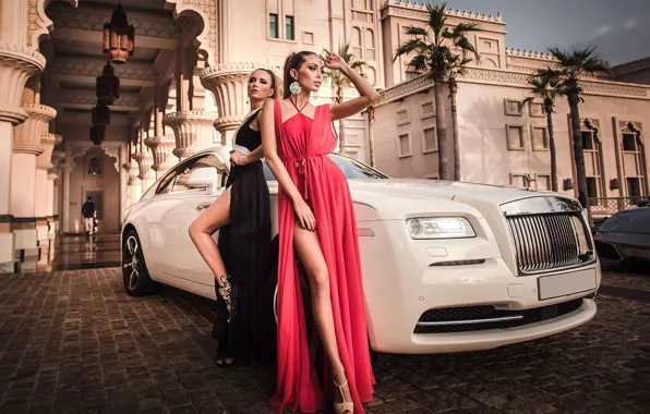 Look, Girls, Rolls-Royce, white car, Beautiful girls, posing over the car