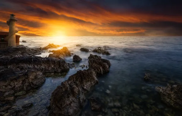 Sea, sunset, lighthouse
