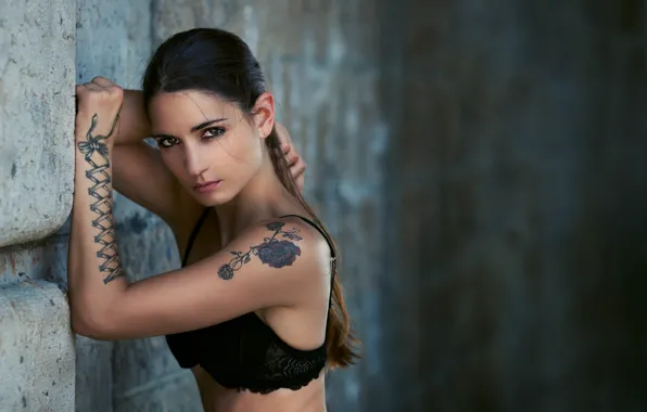 Girl, wall, rose, sexy, lingerie, bra, Model, long hair
