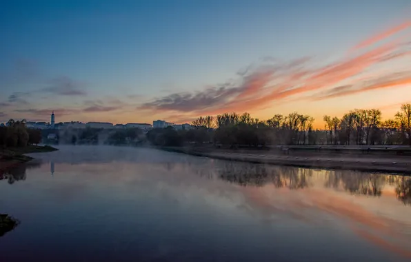 The sky, clouds, landscape, river, dawn, the reflection in the water