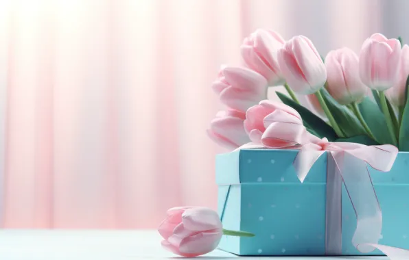 Flowers, pink, box, gift, bouquet, spring, Easter, tulips