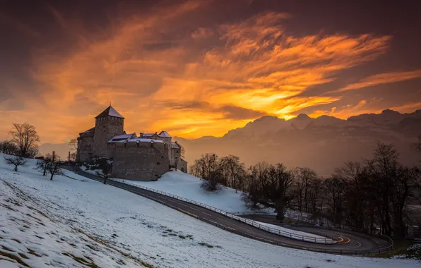 Winter, road, snow, landscape, sunset, mountains, castle, Alps